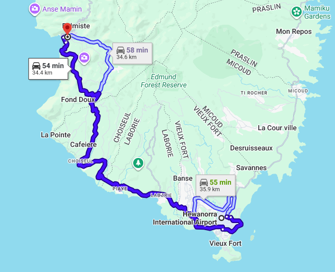 UVF to Soufriere route map