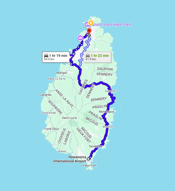 UVF to Northern Saint Lucia route map